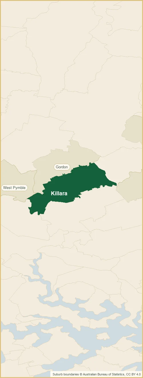Map of the Killara plumbing service area, with Killara shaded and the surrounding suburbs marked: Davidson, East Lindfield, Forestville and more